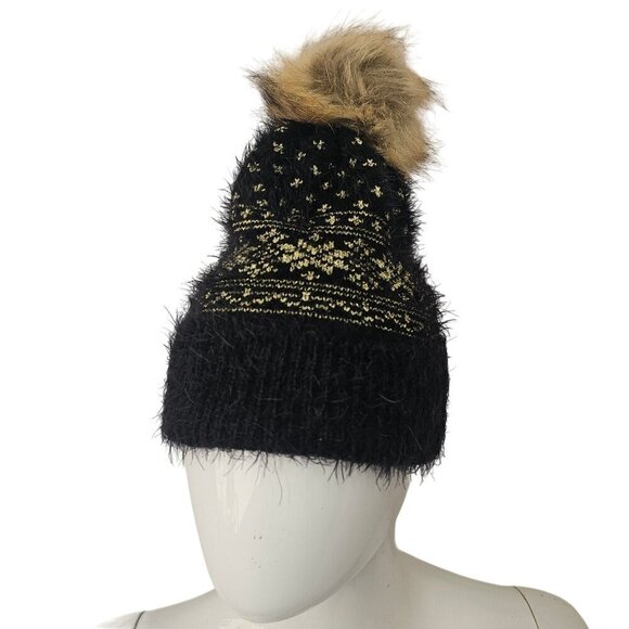 Unbranded Black Metallic Gold Furry Knit Beanie Faux Fur Pom-Pom Unisex OS - Picture 4 of 11
